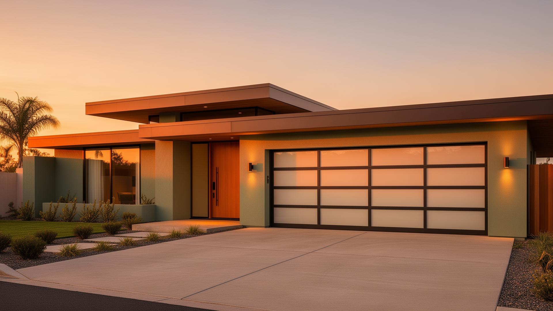 Modern steel garage door with frosted glass panels on mid-century home at golden hour