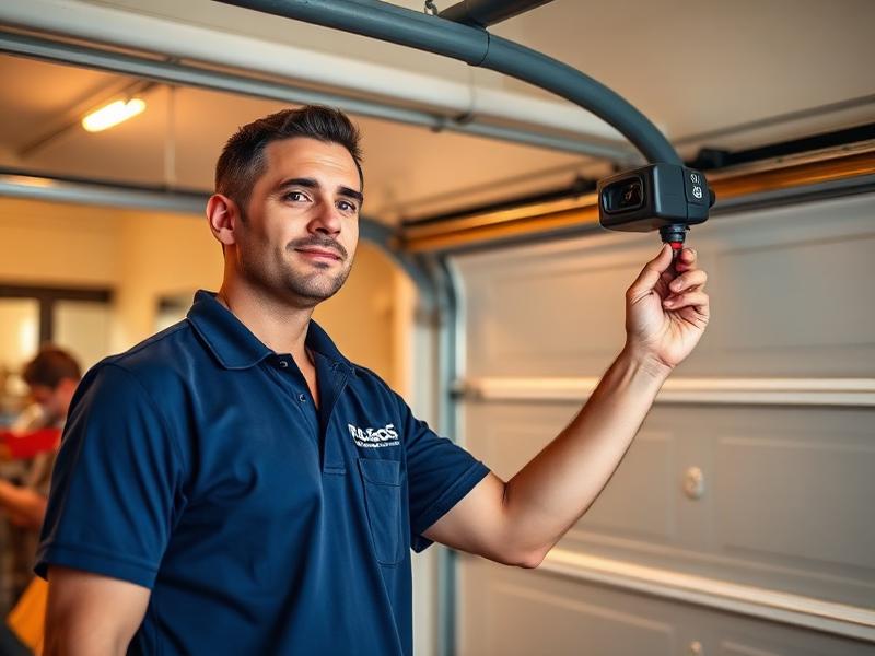 Professional garage door technician testing safety sensors